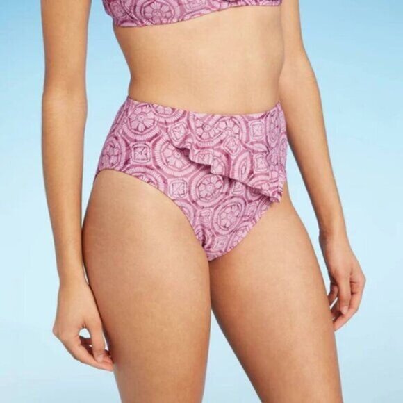 Shade & Shore Bikini Bottom Mystic Mauve Flouncy Ruffle High Waist Cheeky S - Picture 1 of 6